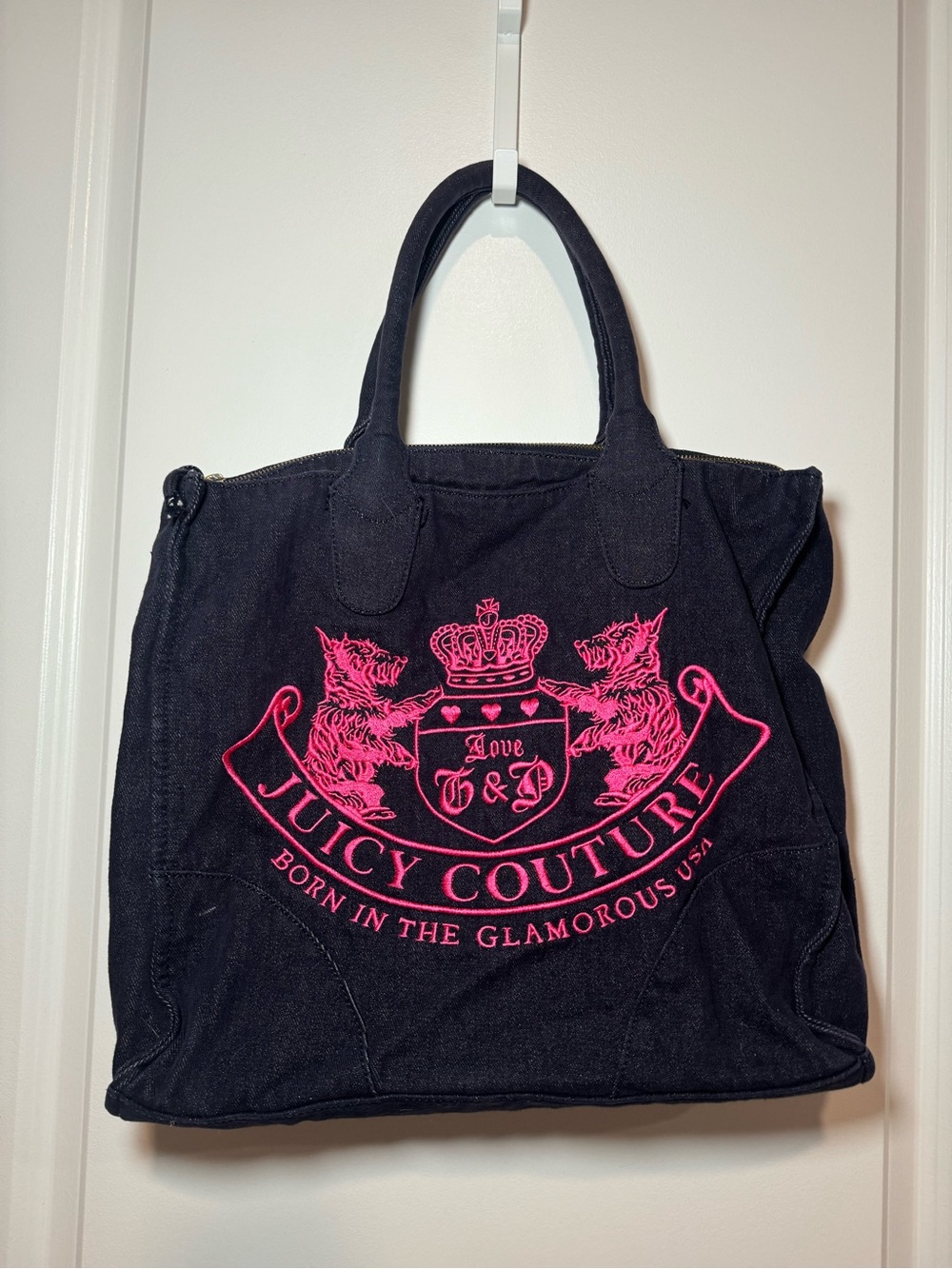 Juicy Couture Denim Tote with Hot Pink Crest